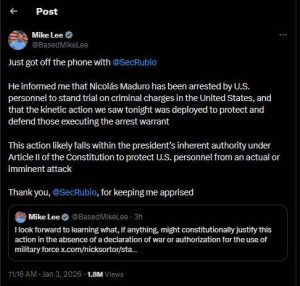 Конзервативниот сенатор Мајк Ли тврди дека Рубио му потврдил дека Мадуро е уапсен за да му се суди во САД